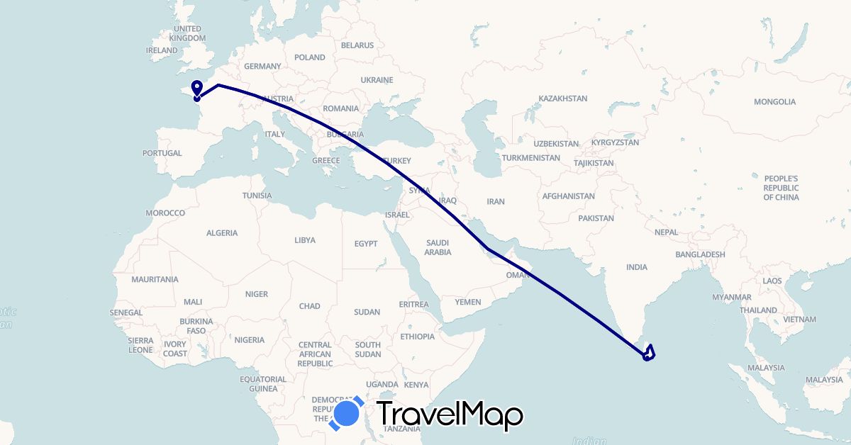 TravelMap itinerary: driving in France, Sri Lanka, Qatar (Asia, Europe)